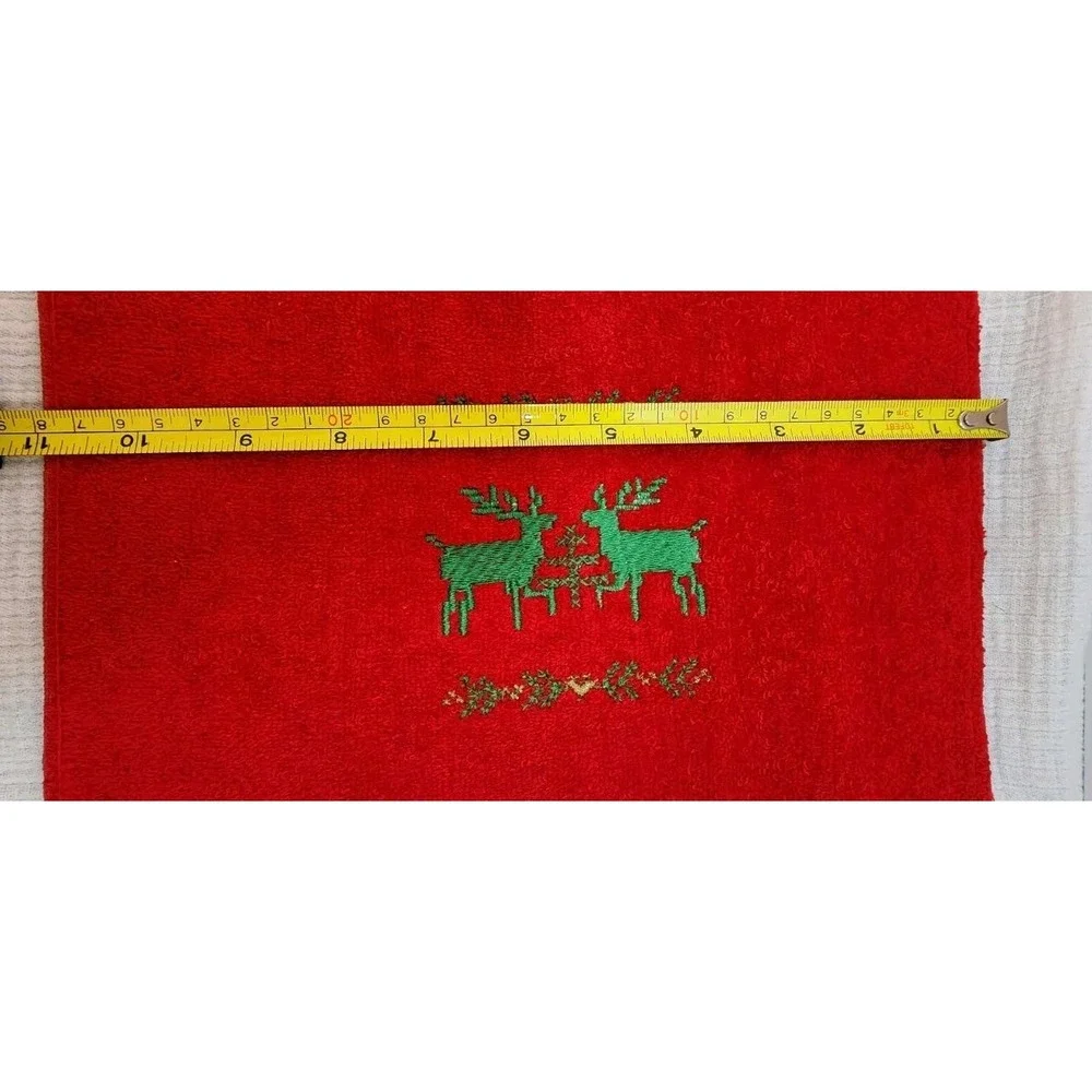 Vintage Lot of‎ 4 RED GREEN Terry Christmas Hand Towels Candle Reindeer Noel